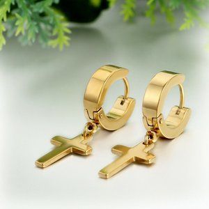 Mens Gold Stainless Steel Cross Hoop Huggie Dangle Earrings 14mm Party Gift